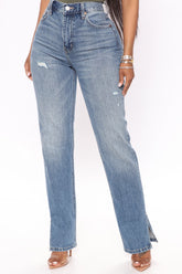 Stella Side Slit Straight Leg Jeans - Medium Blue Wash